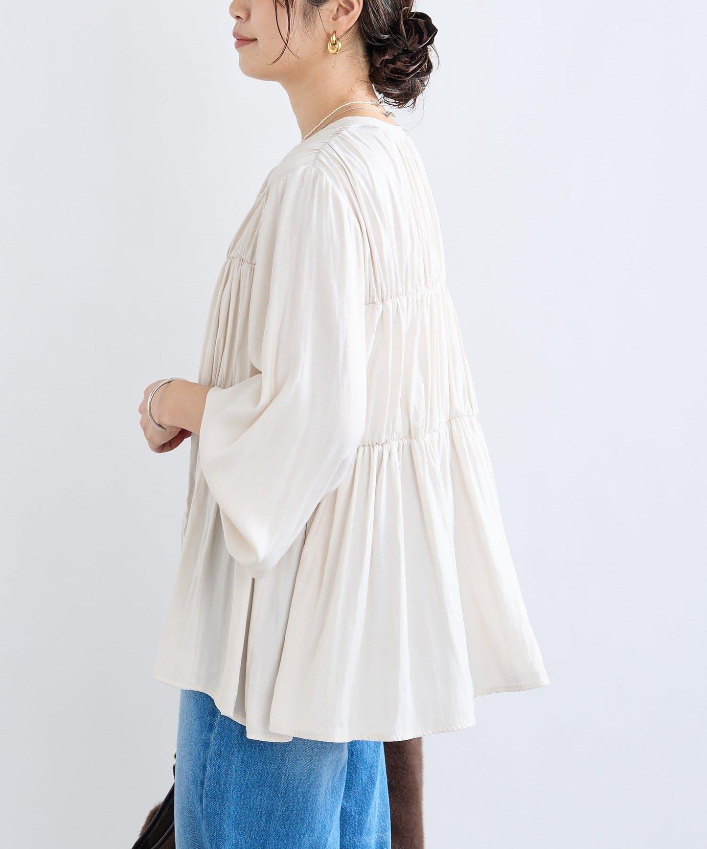 【2WAY款式】抽繩褶皺斜紋襯衫