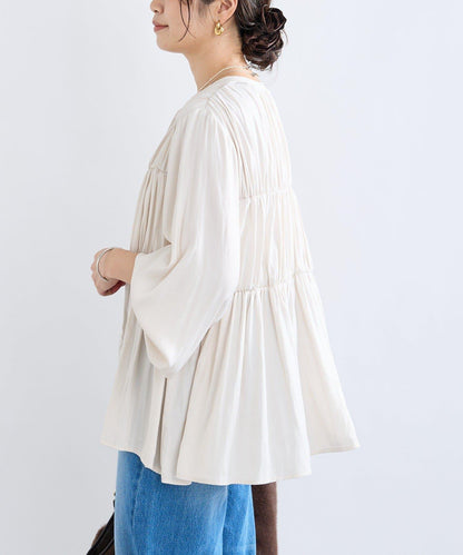【2WAY款式】抽繩褶皺斜紋襯衫