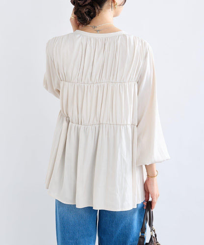 【2WAY款式】抽繩褶皺斜紋襯衫