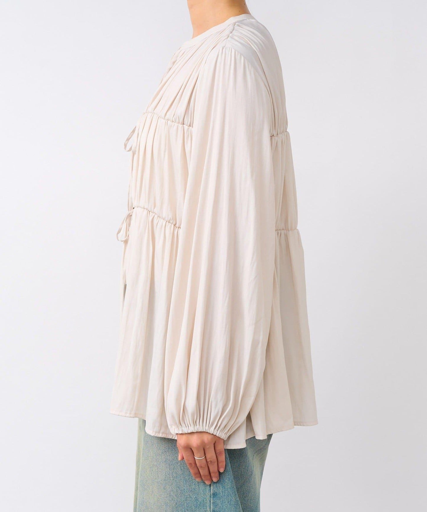 【2WAY款式】抽繩褶皺斜紋襯衫