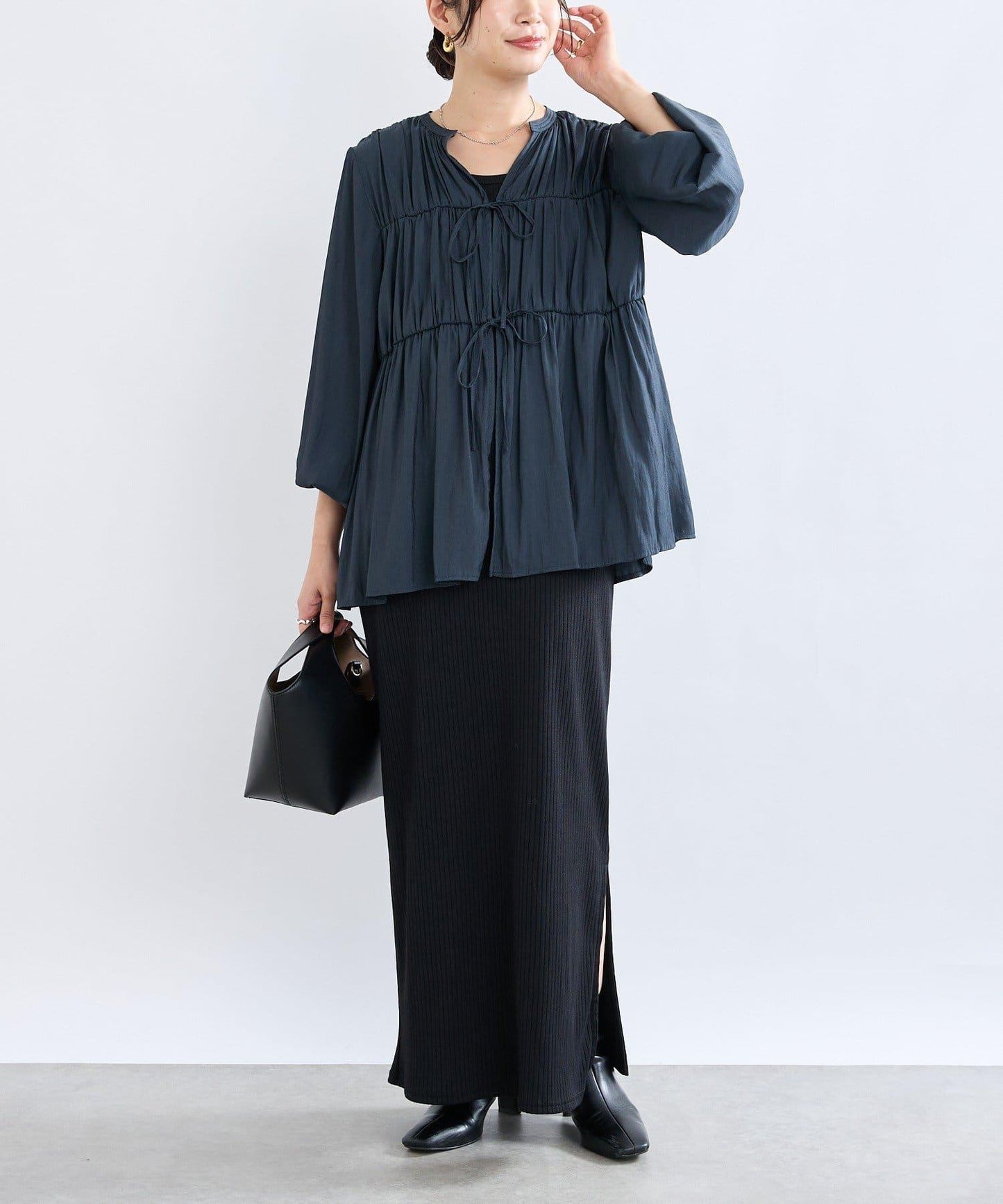 【2WAY款式】抽繩褶皺斜紋襯衫