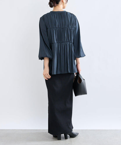 【2WAY款式】抽繩褶皺斜紋襯衫