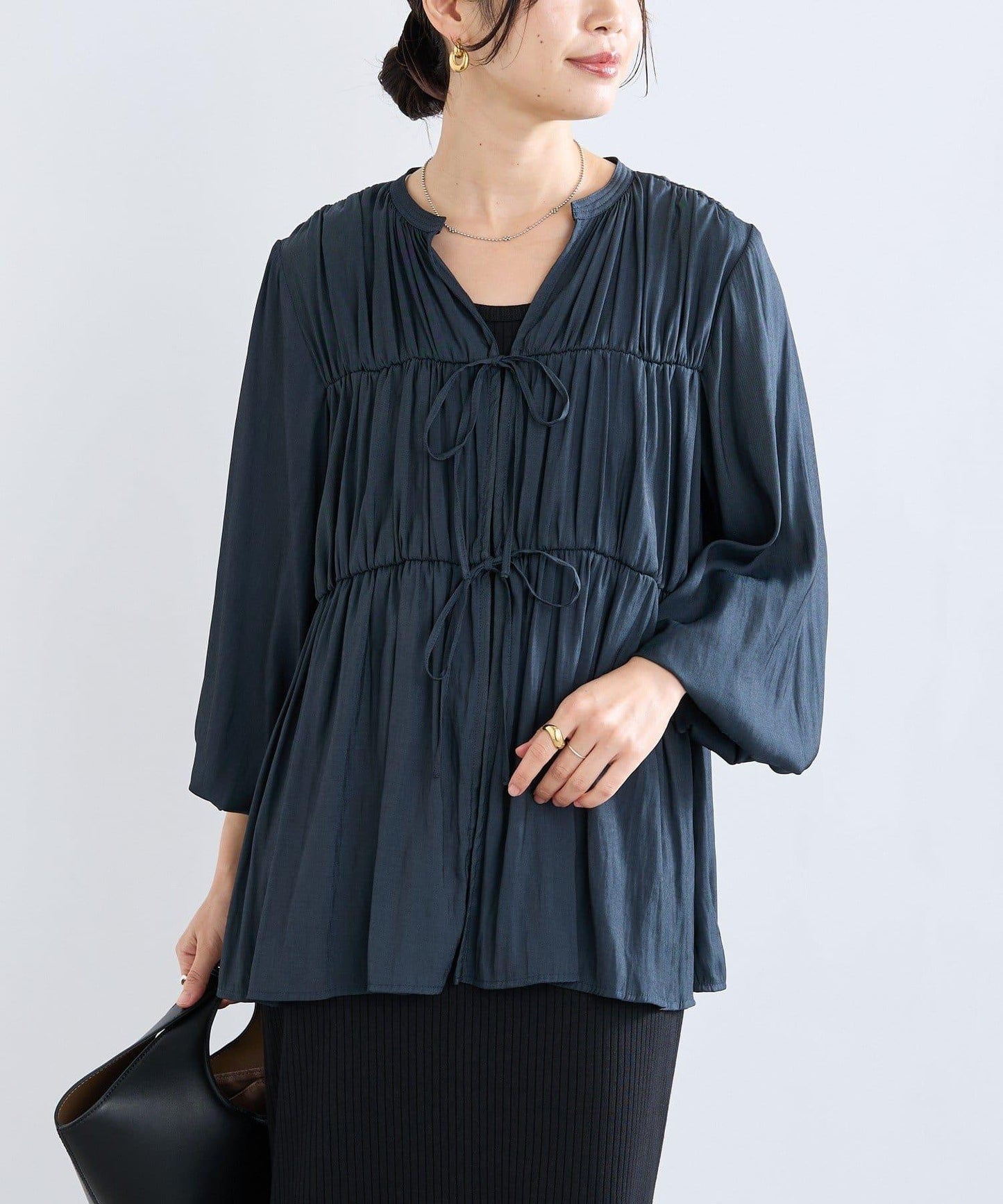 【2WAY款式】抽繩褶皺斜紋襯衫