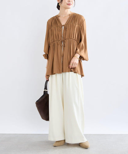 【2WAY款式】抽繩褶皺斜紋襯衫