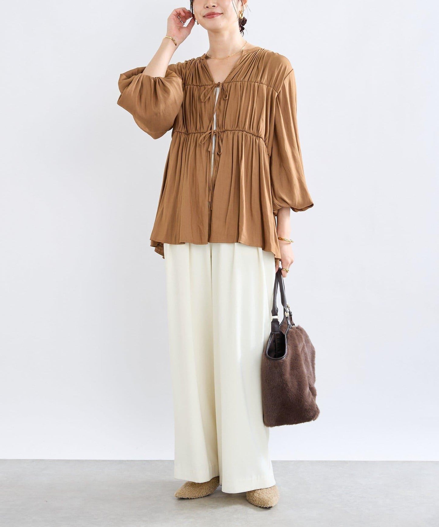 【2WAY款式】抽繩褶皺斜紋襯衫