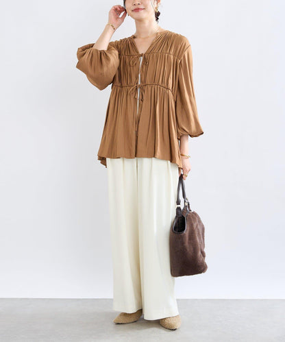 【2WAY款式】抽繩褶皺斜紋襯衫