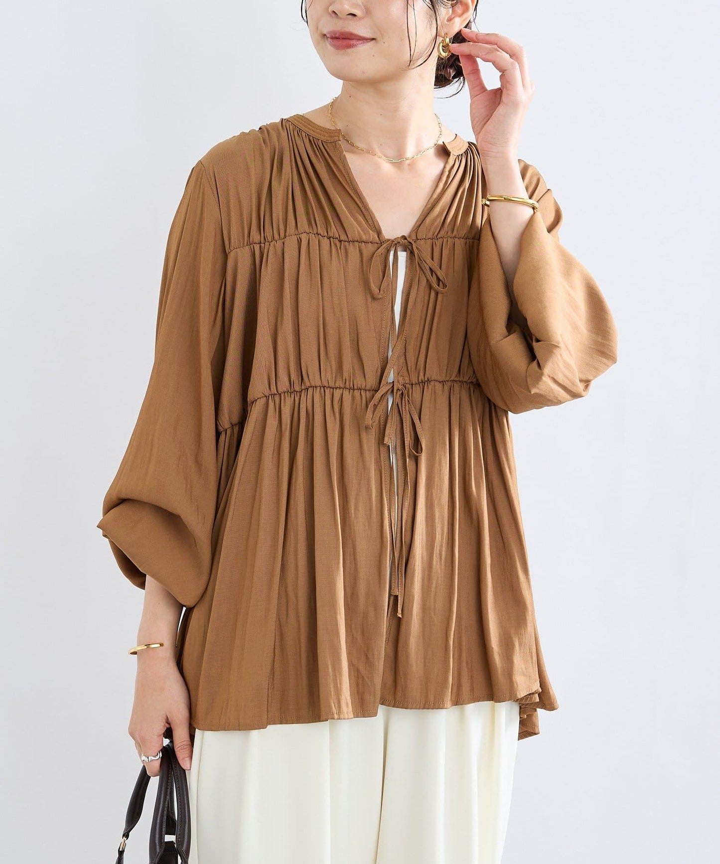 【2WAY款式】抽繩褶皺斜紋襯衫