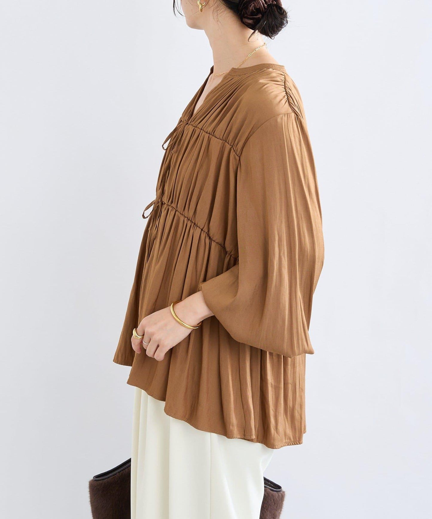 【2WAY款式】抽繩褶皺斜紋襯衫