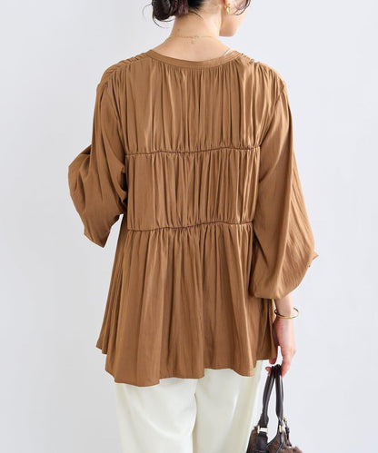 【2WAY款式】抽繩褶皺斜紋襯衫