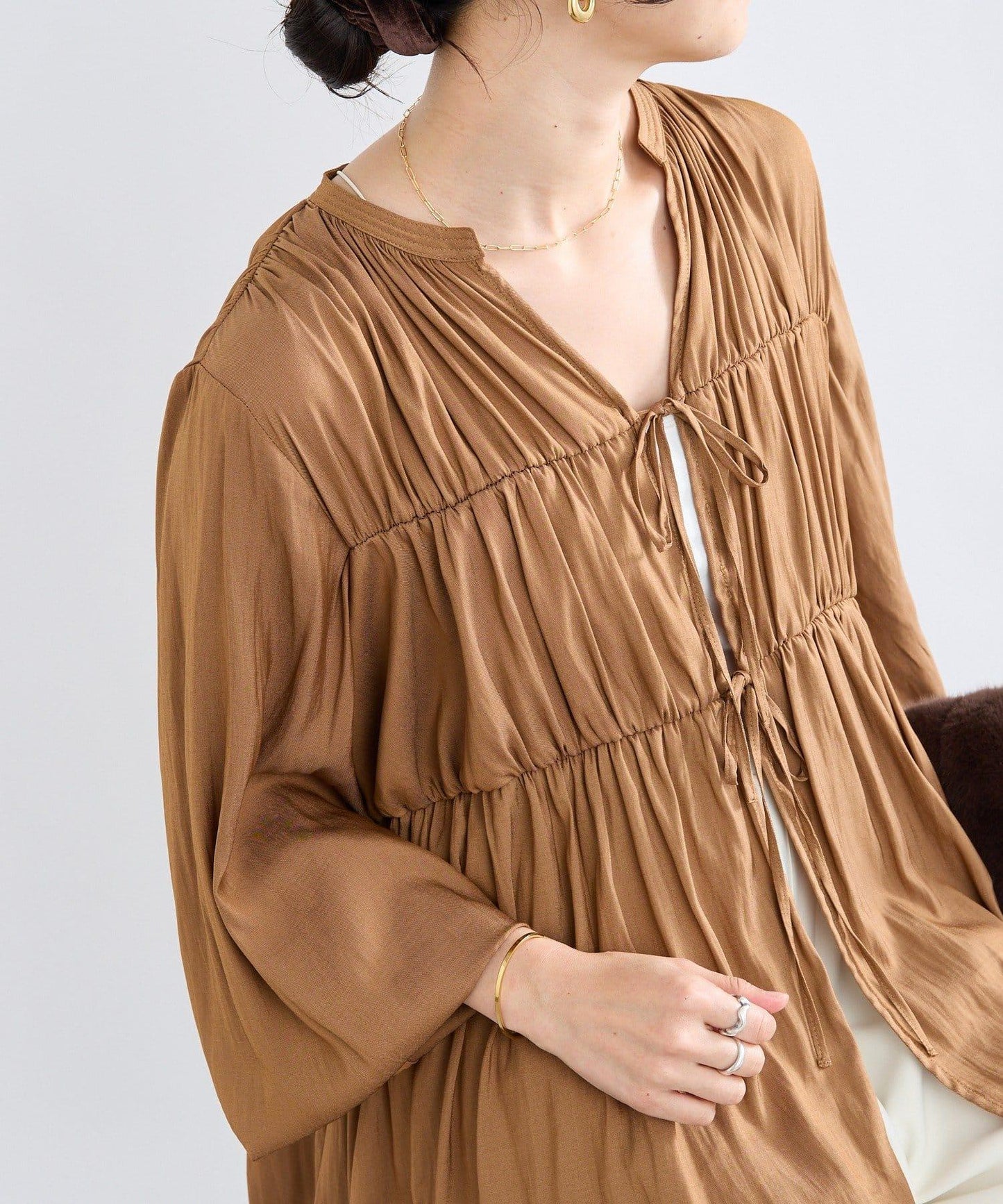 【2WAY款式】抽繩褶皺斜紋襯衫