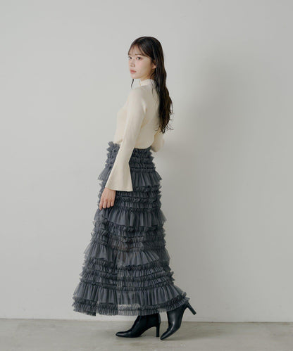 【SALON by Chico】喇叭袖不規則羅紋紐釦針織衫