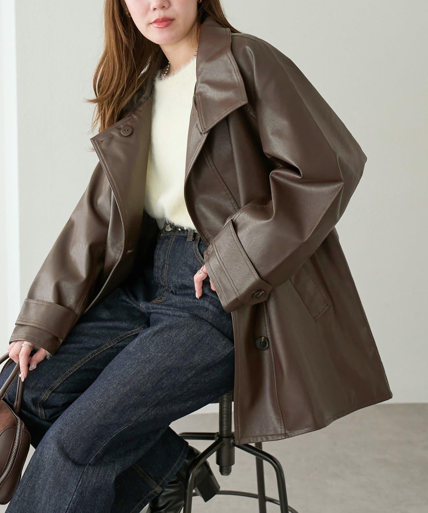 【Discoat】仿皮立領大衣