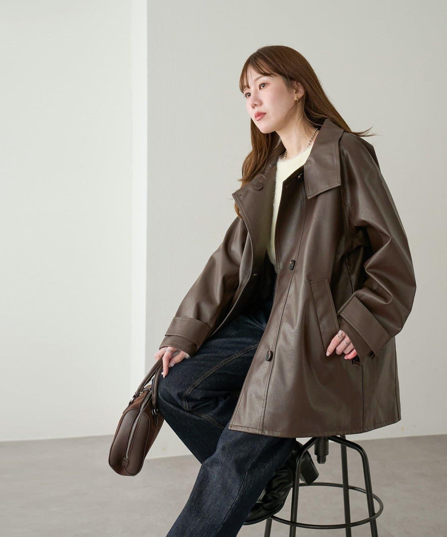 【Discoat】仿皮立領大衣