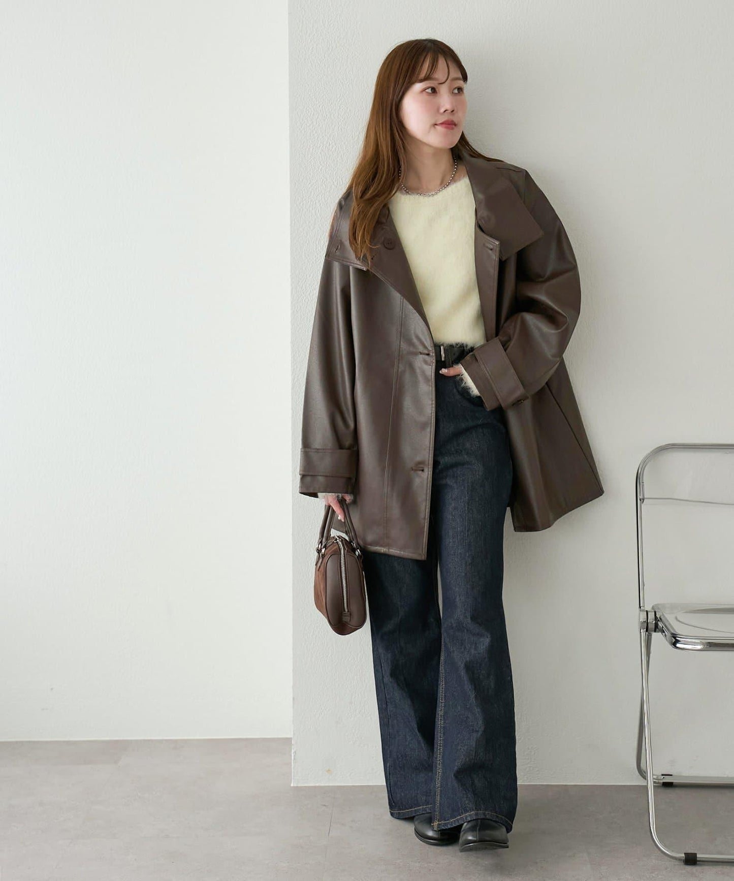 【Discoat】仿皮立領大衣