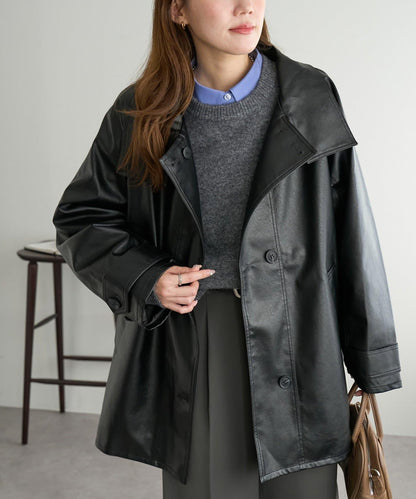 【Discoat】仿皮立領大衣