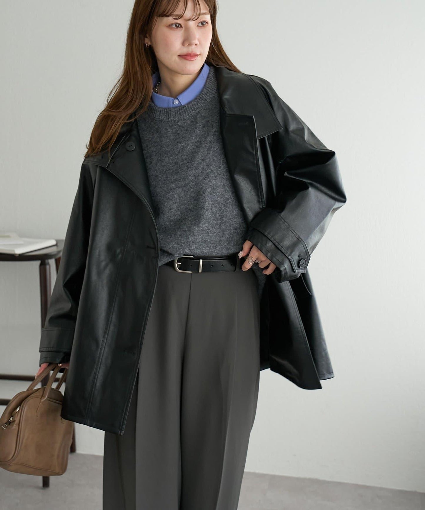 【Discoat】仿皮立領大衣