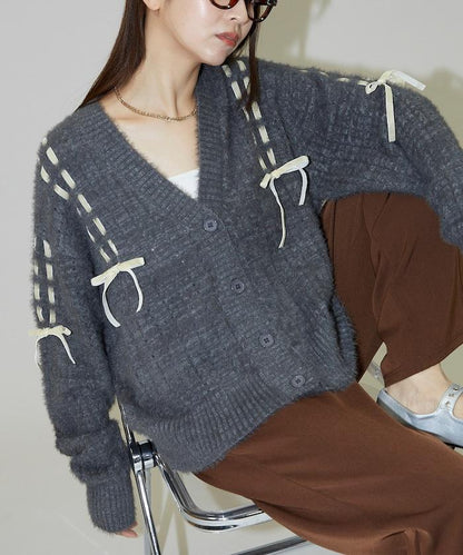 天鵝絨蝴蝶結編織羽毛針織開衫