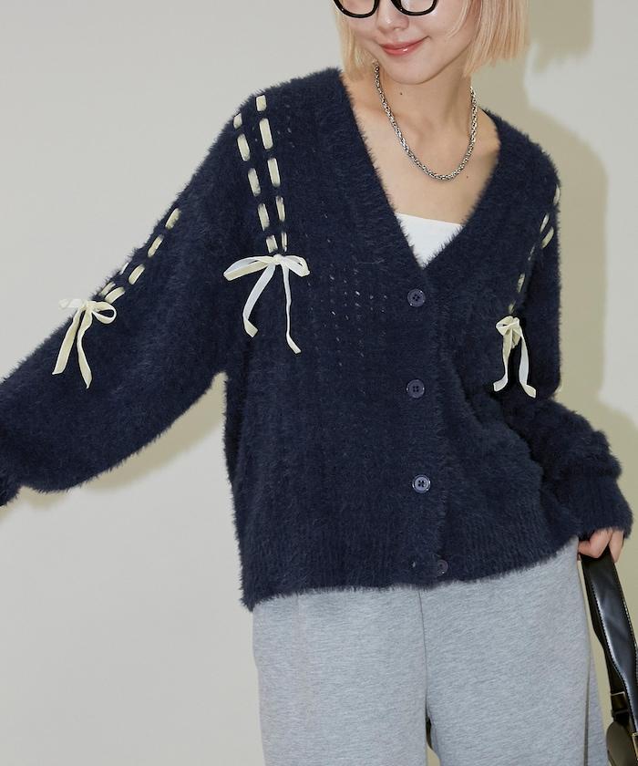 天鵝絨蝴蝶結編織羽毛針織開衫