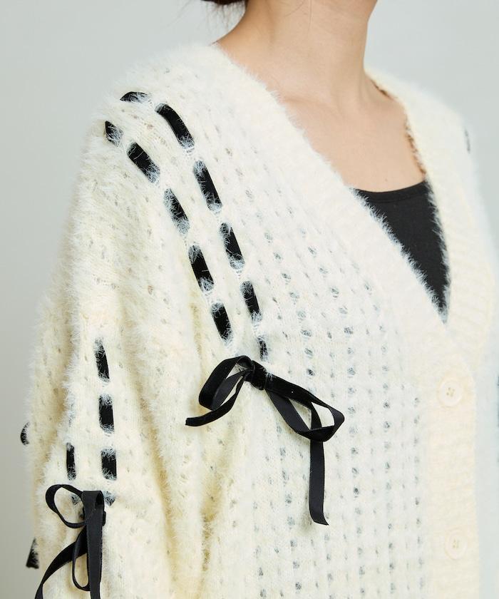 天鵝絨蝴蝶結編織羽毛針織開衫