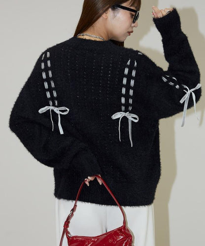 天鵝絨蝴蝶結編織羽毛針織開衫