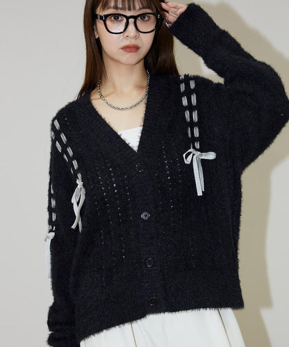 天鵝絨蝴蝶結編織羽毛針織開衫