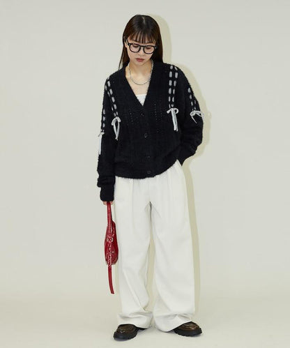 天鵝絨蝴蝶結編織羽毛針織開衫