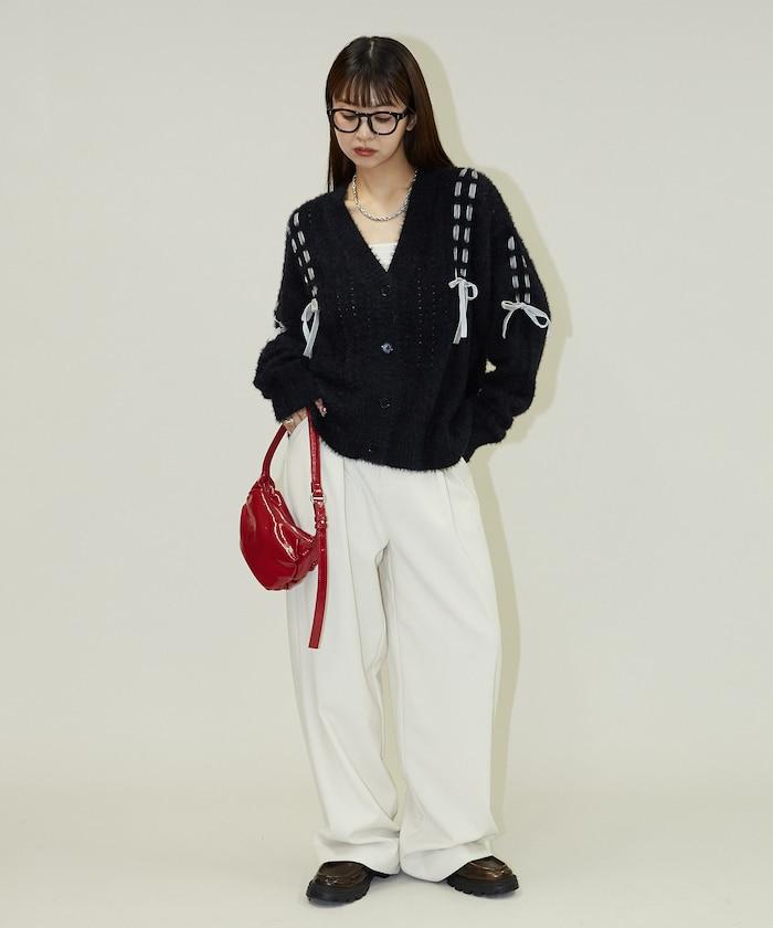 天鵝絨蝴蝶結編織羽毛針織開衫