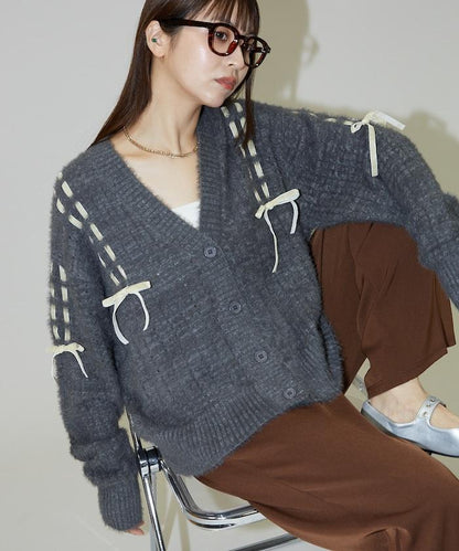 天鵝絨蝴蝶結編織羽毛針織開衫