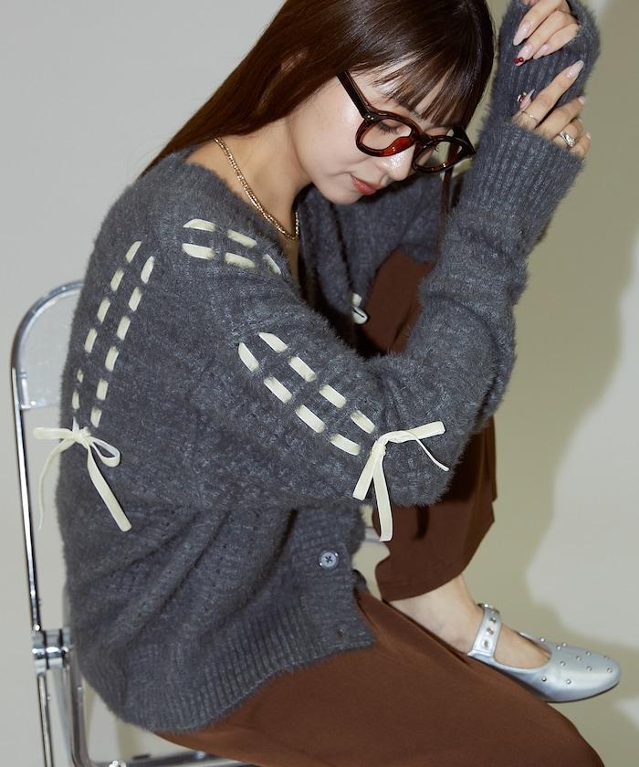 天鵝絨蝴蝶結編織羽毛針織開衫