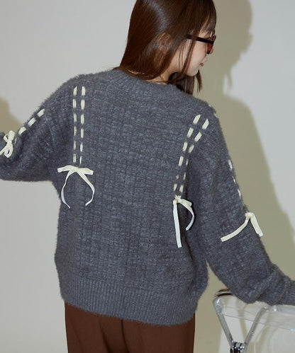 天鵝絨蝴蝶結編織羽毛針織開衫