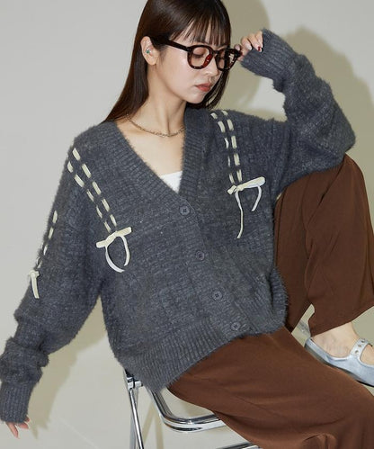 天鵝絨蝴蝶結編織羽毛針織開衫