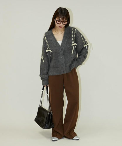 天鵝絨蝴蝶結編織羽毛針織開衫