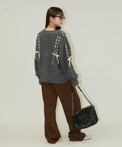 天鵝絨蝴蝶結編織羽毛針織開衫