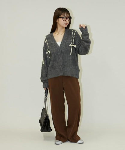 天鵝絨蝴蝶結編織羽毛針織開衫