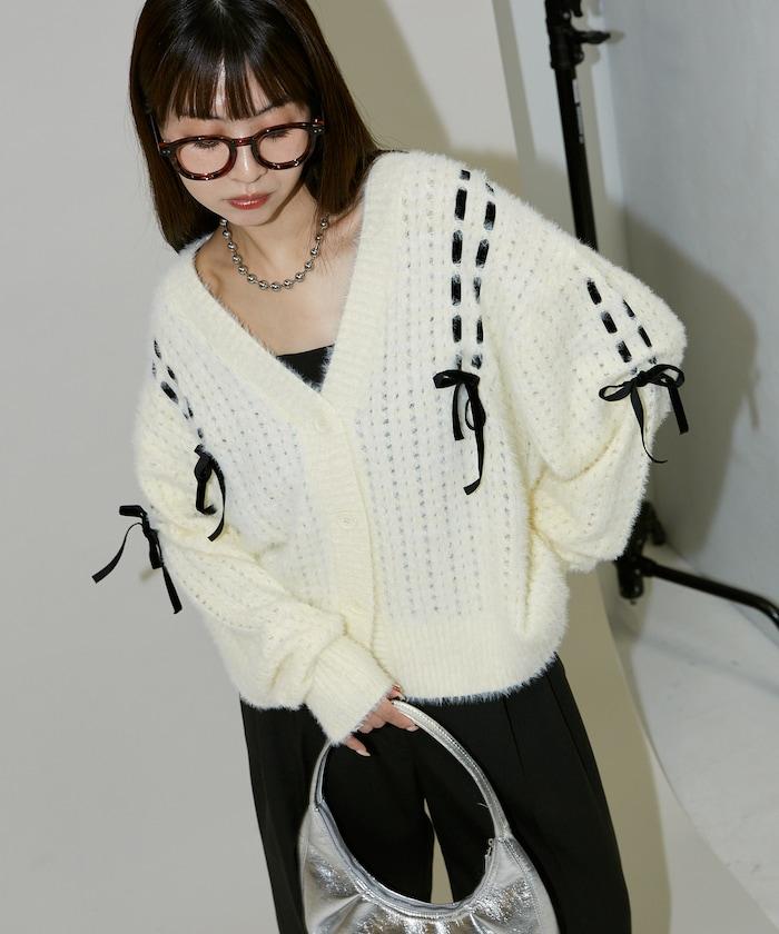 天鵝絨蝴蝶結編織羽毛針織開衫