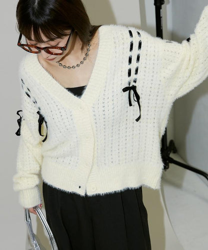 天鵝絨蝴蝶結編織羽毛針織開衫