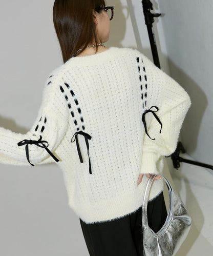 天鵝絨蝴蝶結編織羽毛針織開衫