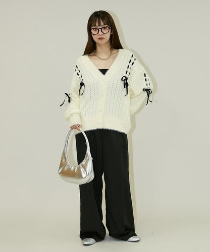 天鵝絨蝴蝶結編織羽毛針織開衫