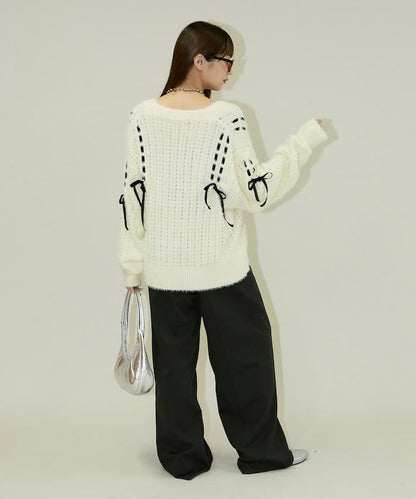 天鵝絨蝴蝶結編織羽毛針織開衫