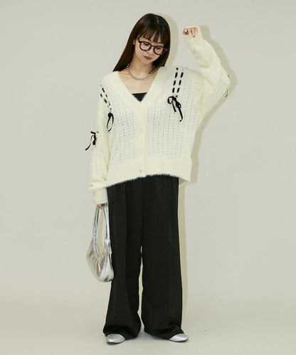 天鵝絨蝴蝶結編織羽毛針織開衫