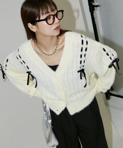 天鵝絨蝴蝶結編織羽毛針織開衫