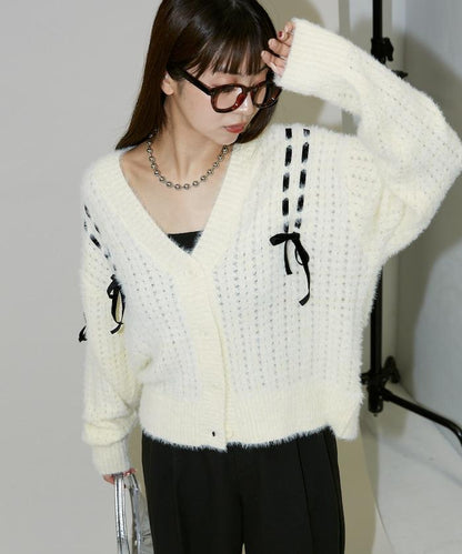 天鵝絨蝴蝶結編織羽毛針織開衫