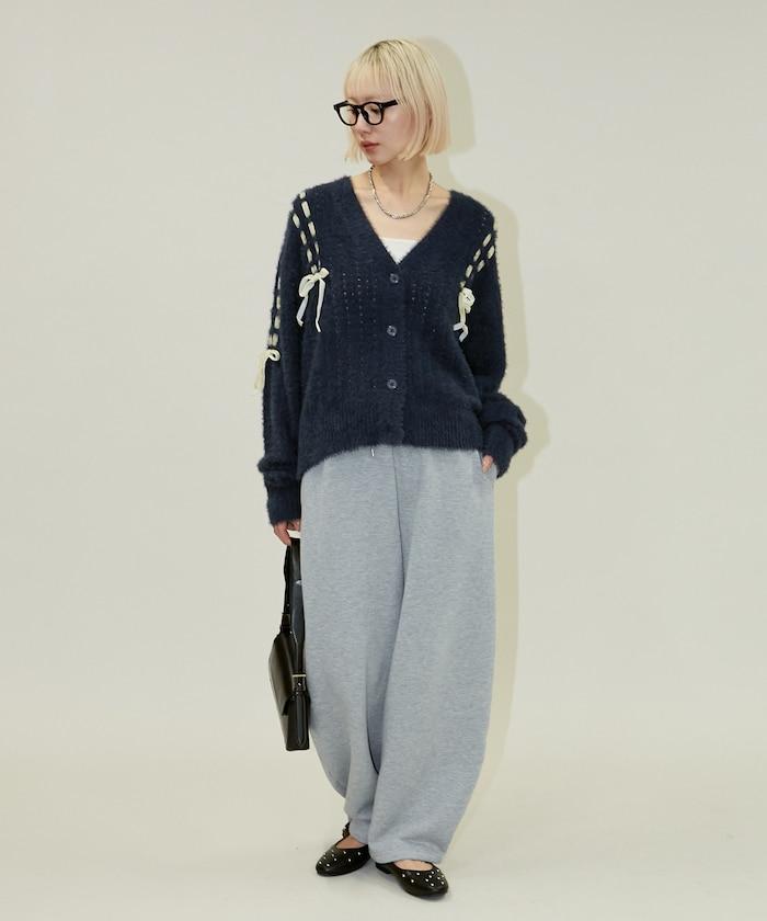 天鵝絨蝴蝶結編織羽毛針織開衫