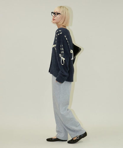 天鵝絨蝴蝶結編織羽毛針織開衫