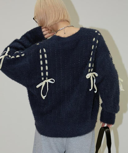 天鵝絨蝴蝶結編織羽毛針織開衫