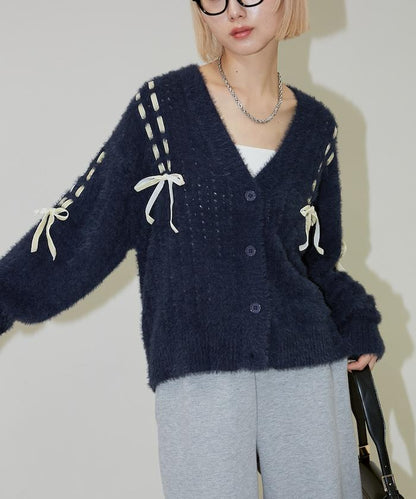 天鵝絨蝴蝶結編織羽毛針織開衫