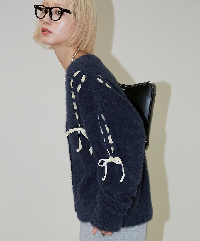 天鵝絨蝴蝶結編織羽毛針織開衫