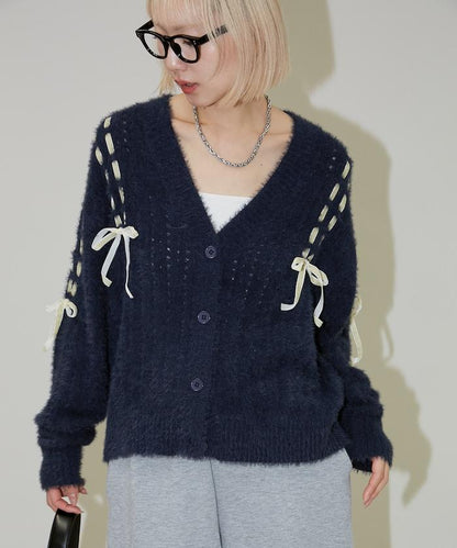 天鵝絨蝴蝶結編織羽毛針織開衫