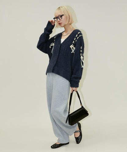 天鵝絨蝴蝶結編織羽毛針織開衫