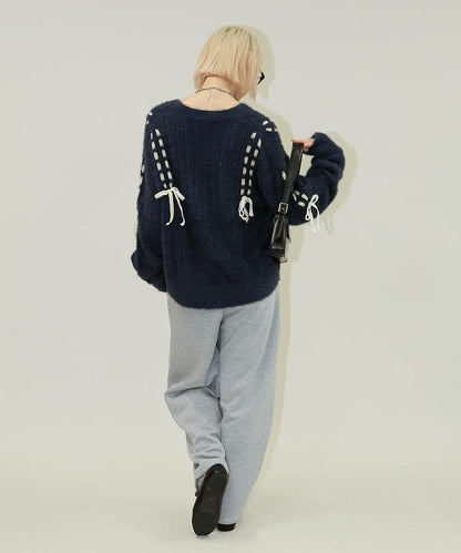 天鵝絨蝴蝶結編織羽毛針織開衫